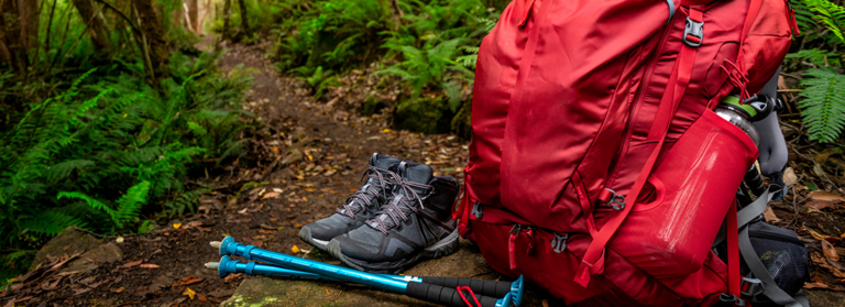 Roter Rucksack und Wanderausrüstung auf Felsen im Regenwald von Tasmania, Australien. Trekking und Camping Abenteuer.
